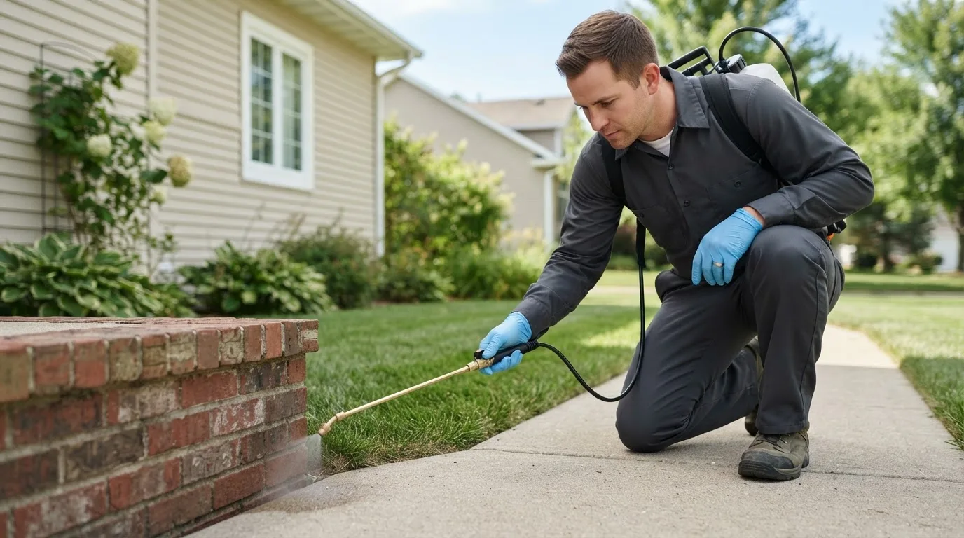 Pest control technician treating a home near Snowville, UT